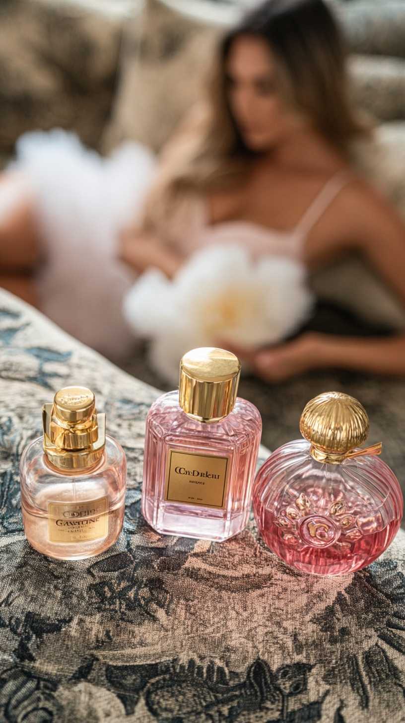 exquisite woman and a few luxury perfume bottles