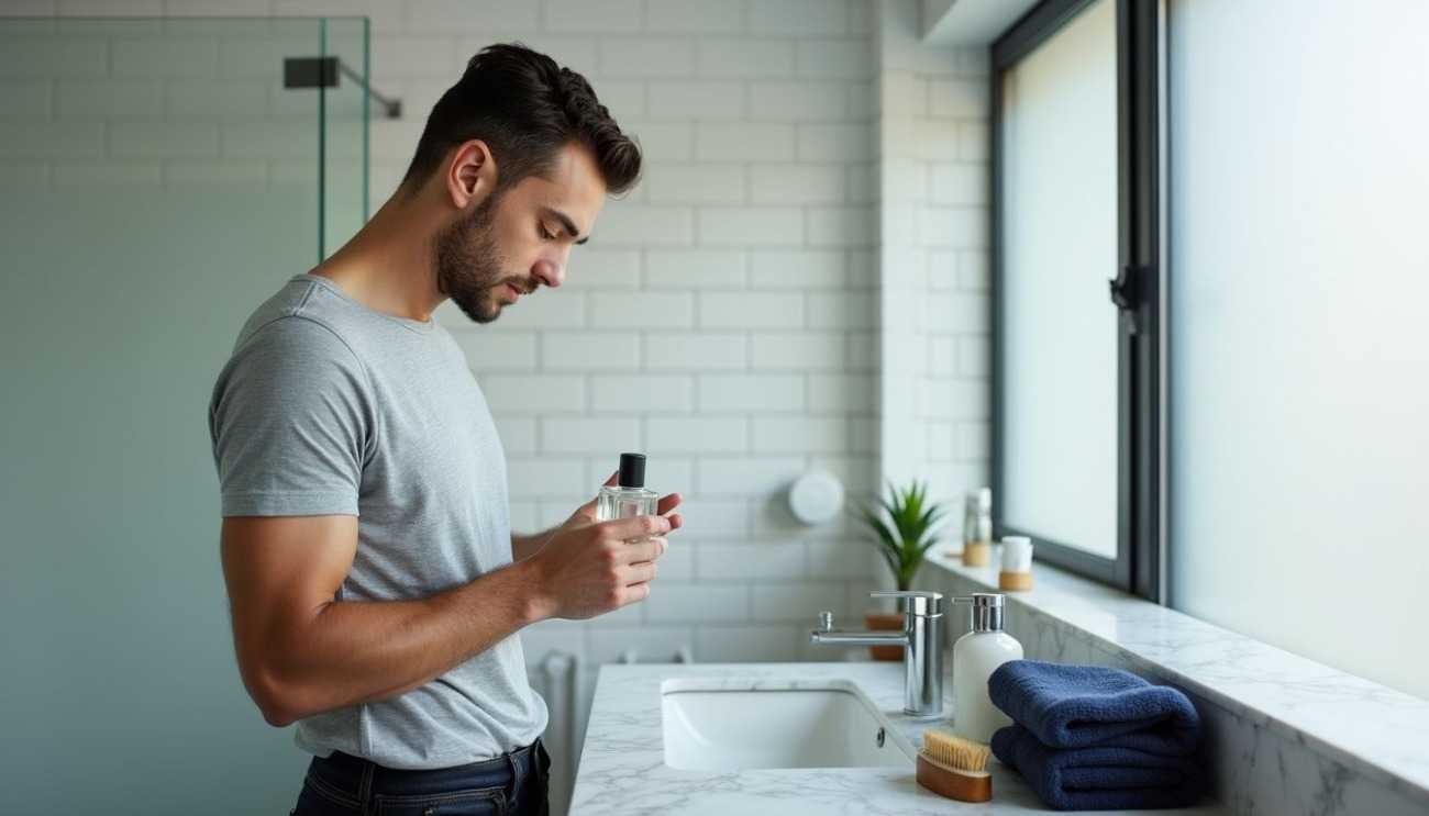 Man in a modern bathroom applies cologne, with