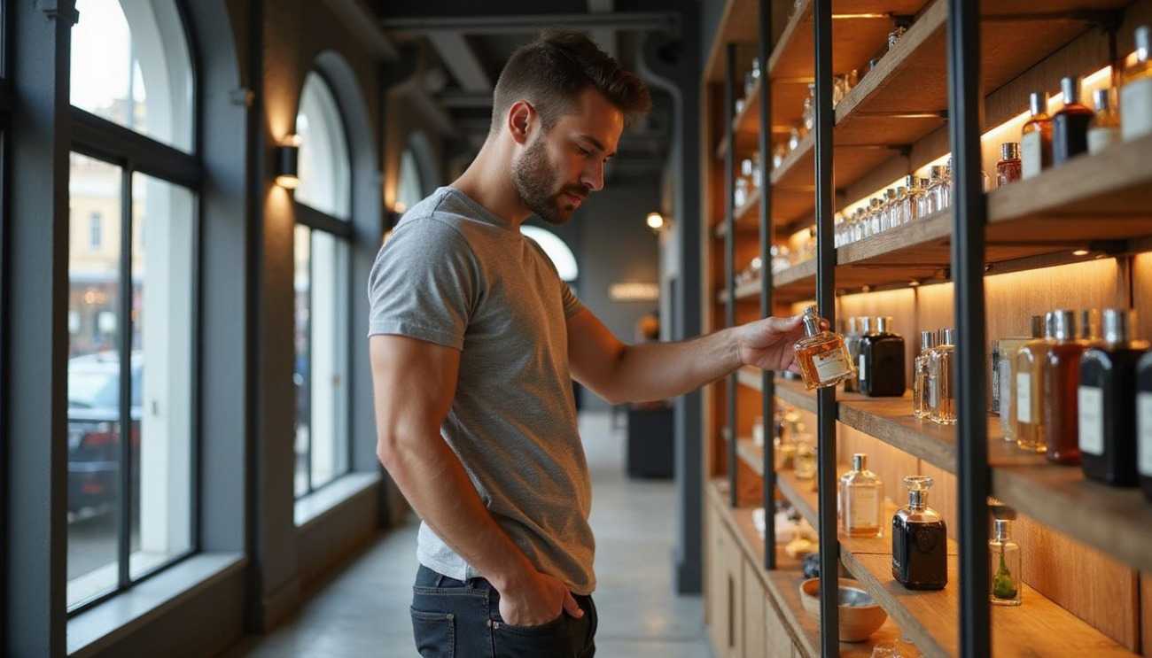 A stylish shopper examines a glass cologne bottle