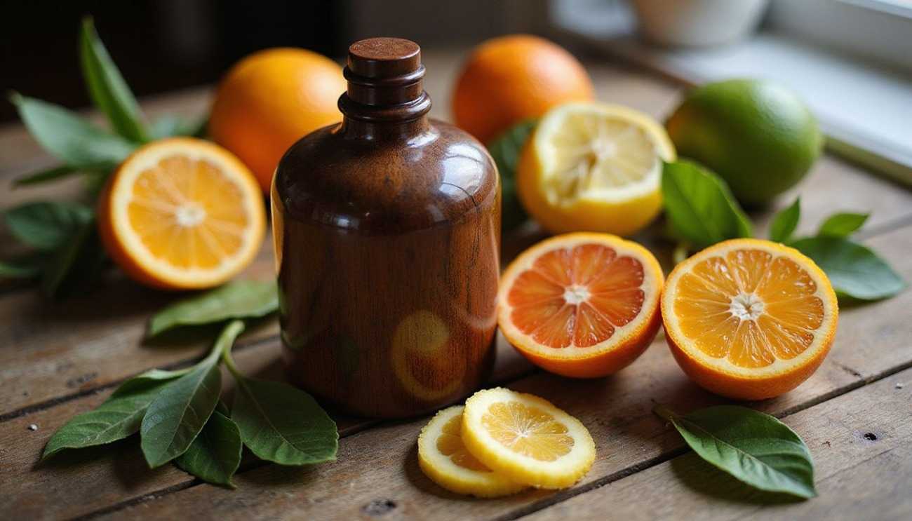 A vintage wooden cologne bottle is surrounded by