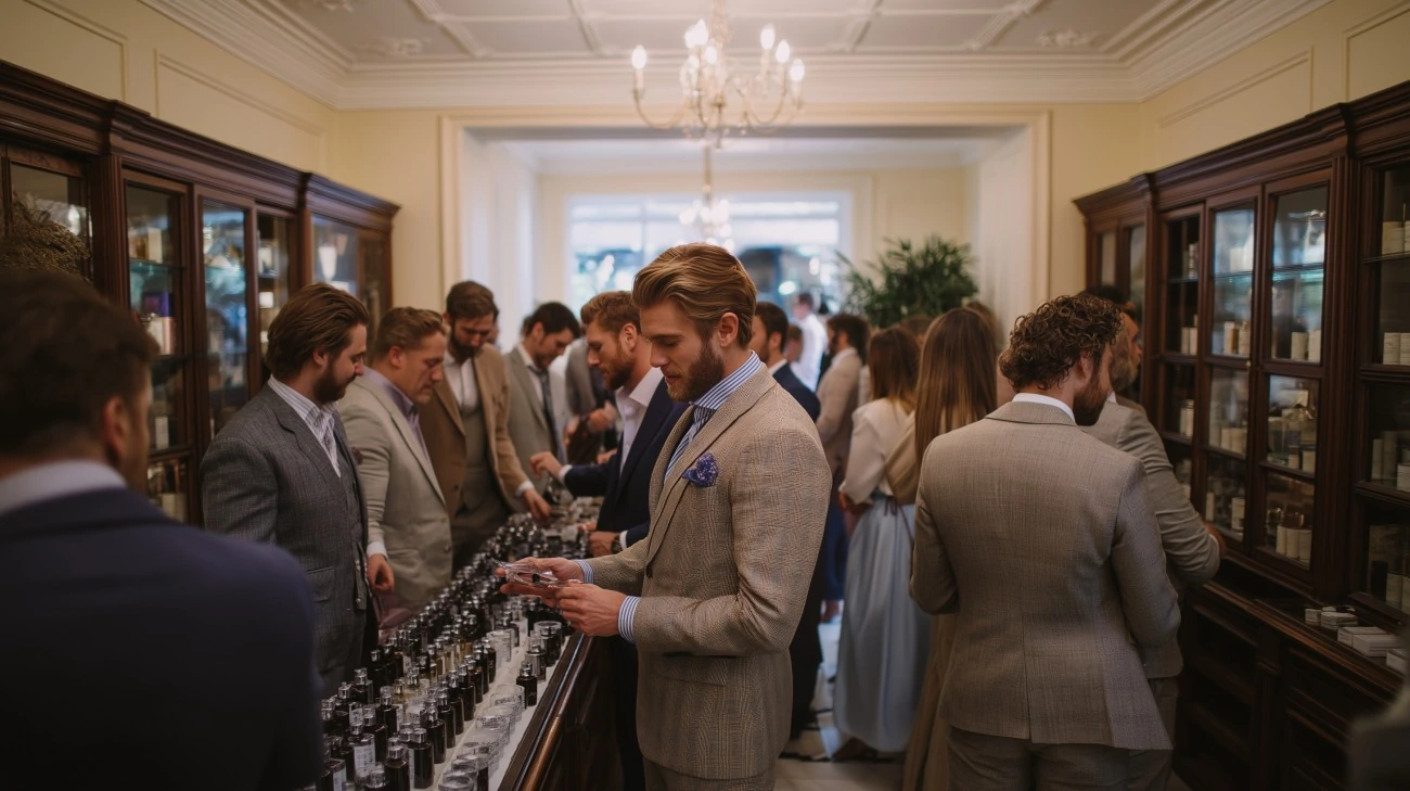 well dressed people in a crowded luxury perfumery