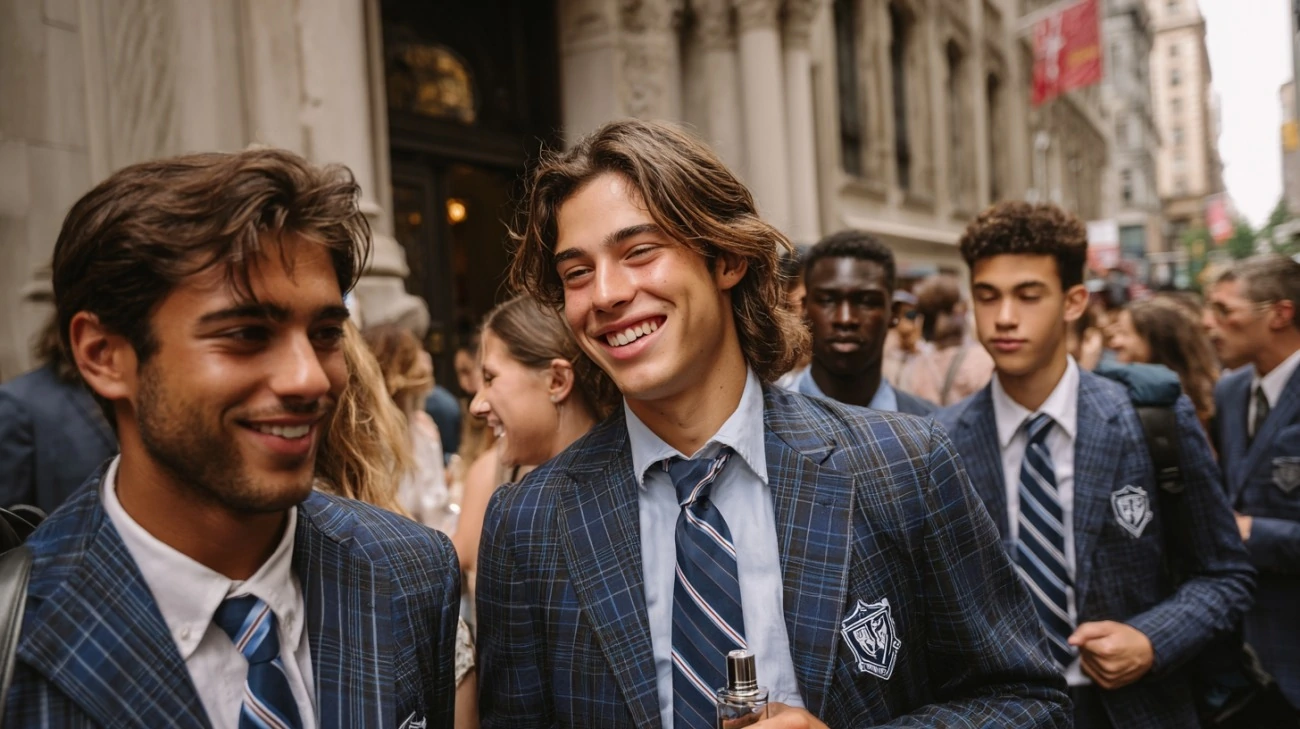 A group of joyful male college students going