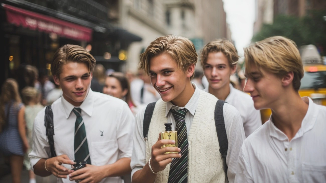 A group of joyful male college students in nice