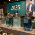 A shelf featuring new colognes for men at a