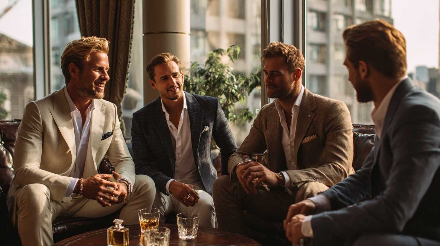 Businessmen are gathered in a spacious high-floor