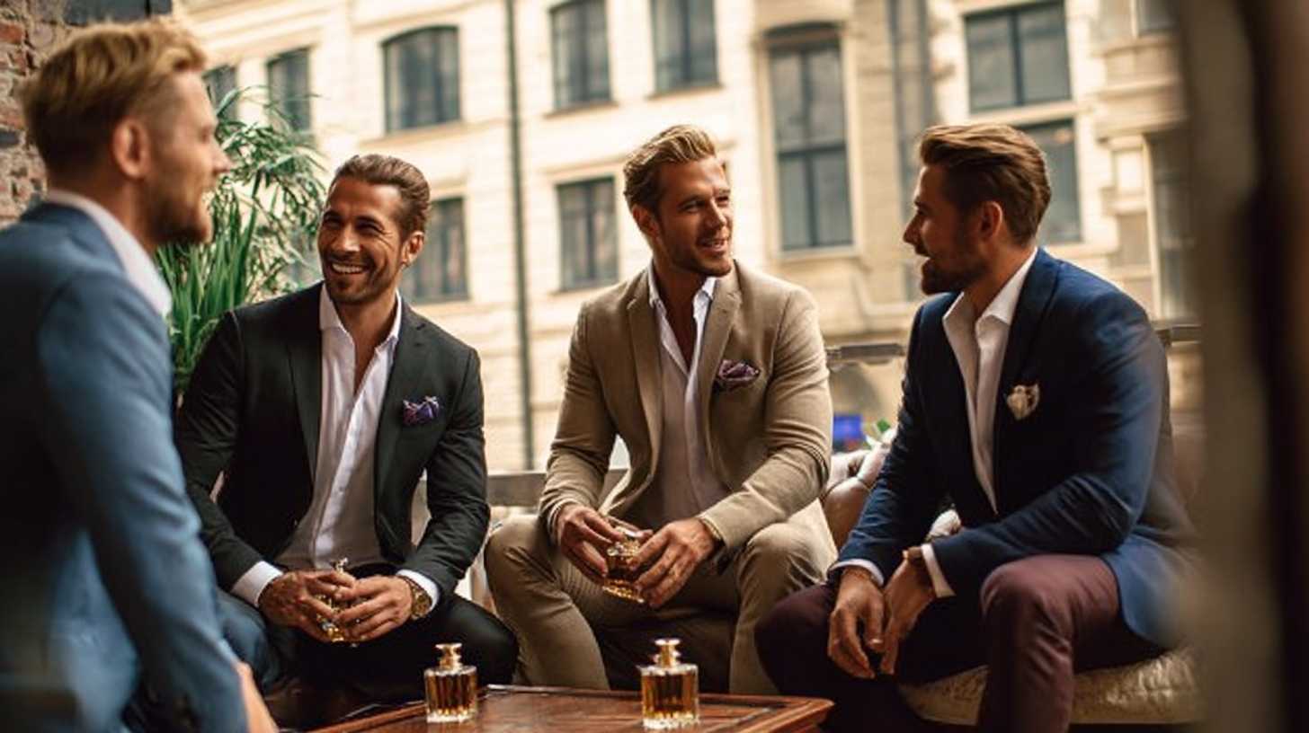 Businessmen gathered in a spacious high-floor