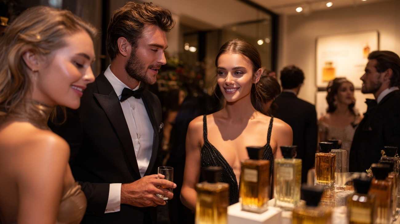 Well-dressed men and beautiful women in gowns