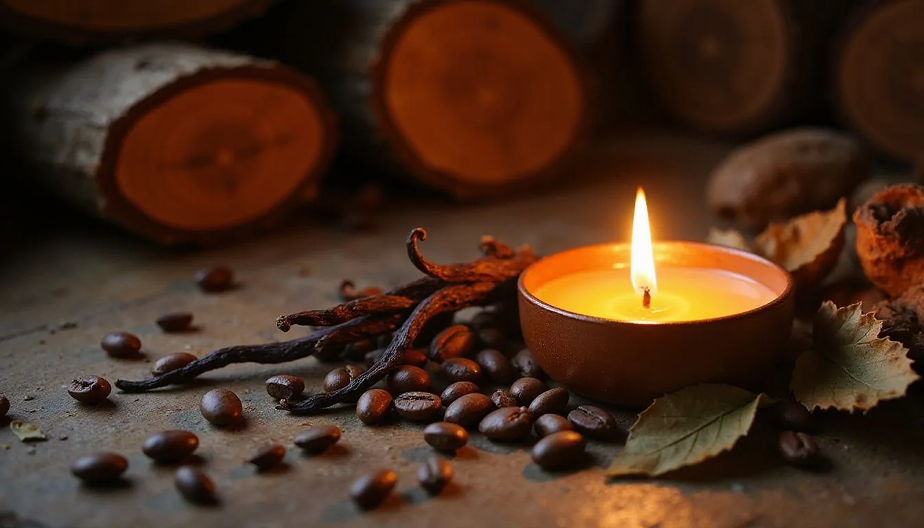 A candle on a wooden table surrounded by coffee beans, vanilla pods, and dried patchouli leaves creates an intimate ambiance. A candle on a wooden table surrounded by coffee