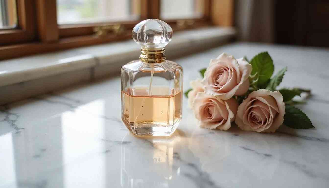 glass floral perfume bottle on a marble table