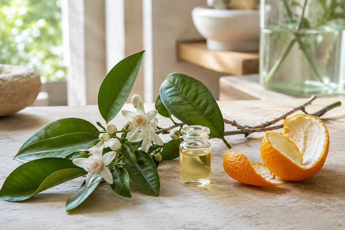 Neroli blossoms, bitter orange leaves, twigs,