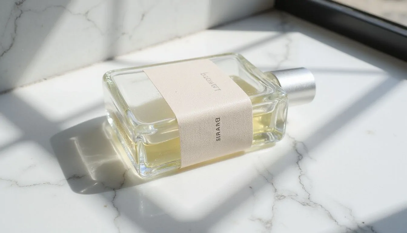 A clear glass fragrance bottle on a polished