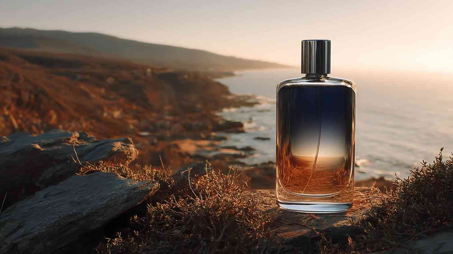 An expensive men's perfume bottle with a landscape and sea background soft sunset light