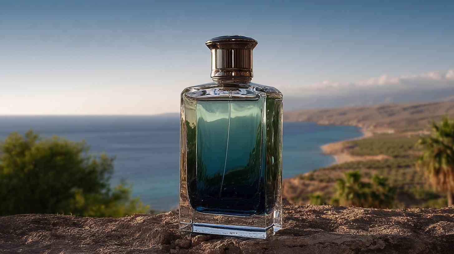 An expensive men's rectangular perfume bottle with a landscape and sea background