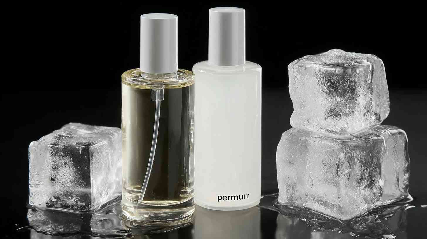 clear and white perfume bottles and ice cubes