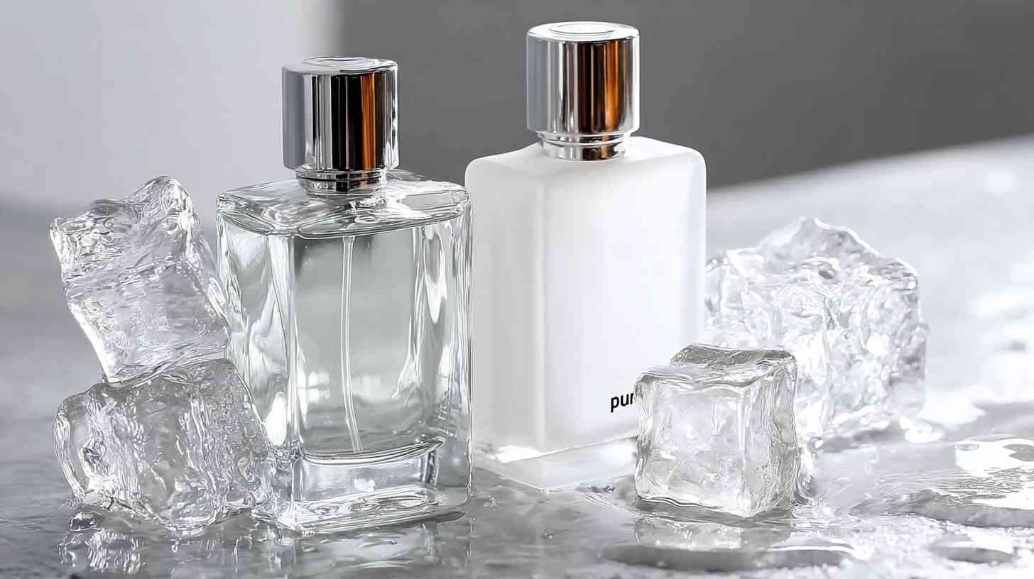 clear and white perfume bottles and ice cubes