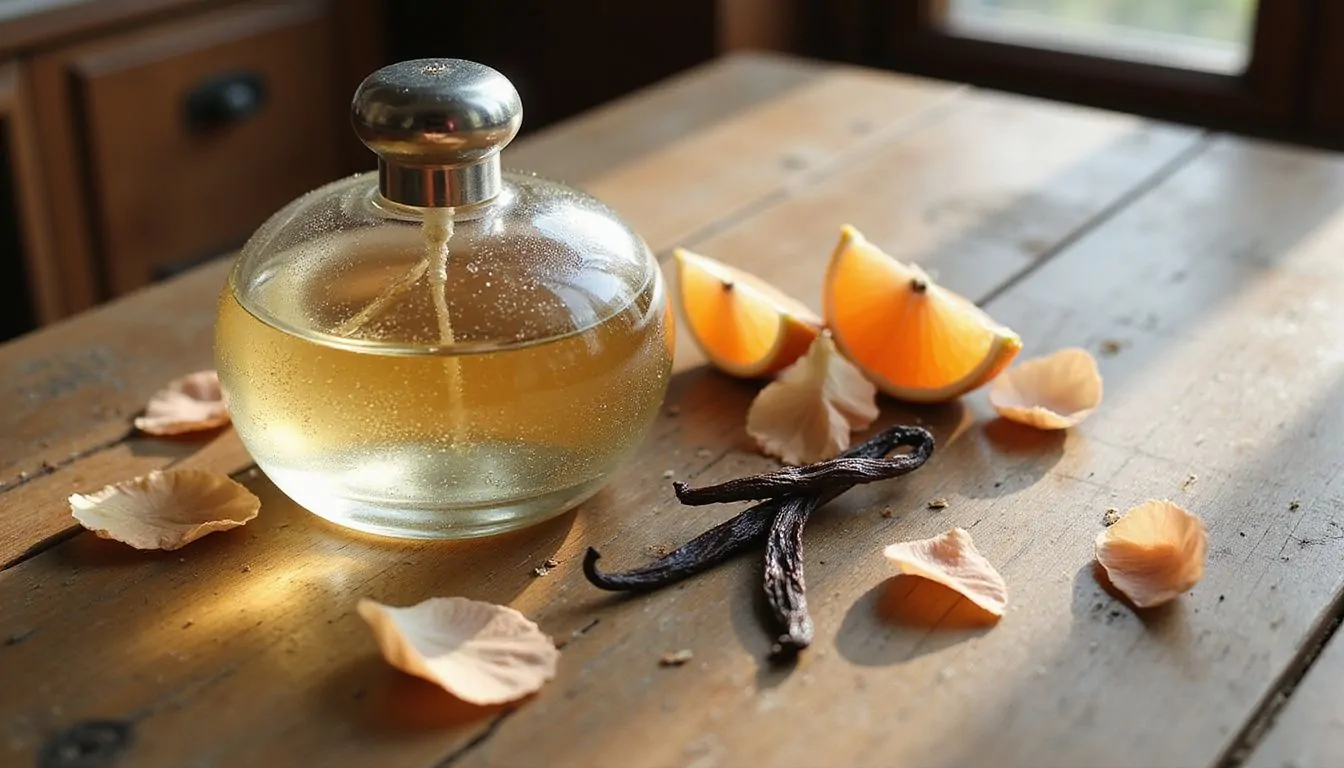 An elegant glass bottle of sweet musk fragrance rests on a weathered wooden table, surrounded by orange blossom petals and vanilla beans. An elegant glass bottle of sweet musk fragrance
