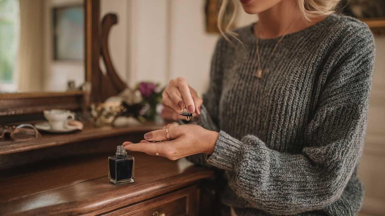a woman applying perfume oil with one fingertip