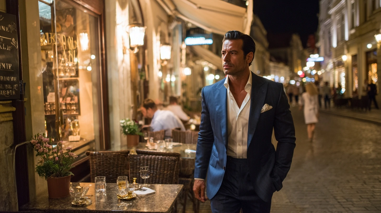 Well-dressed man leaving a restaurant at night,