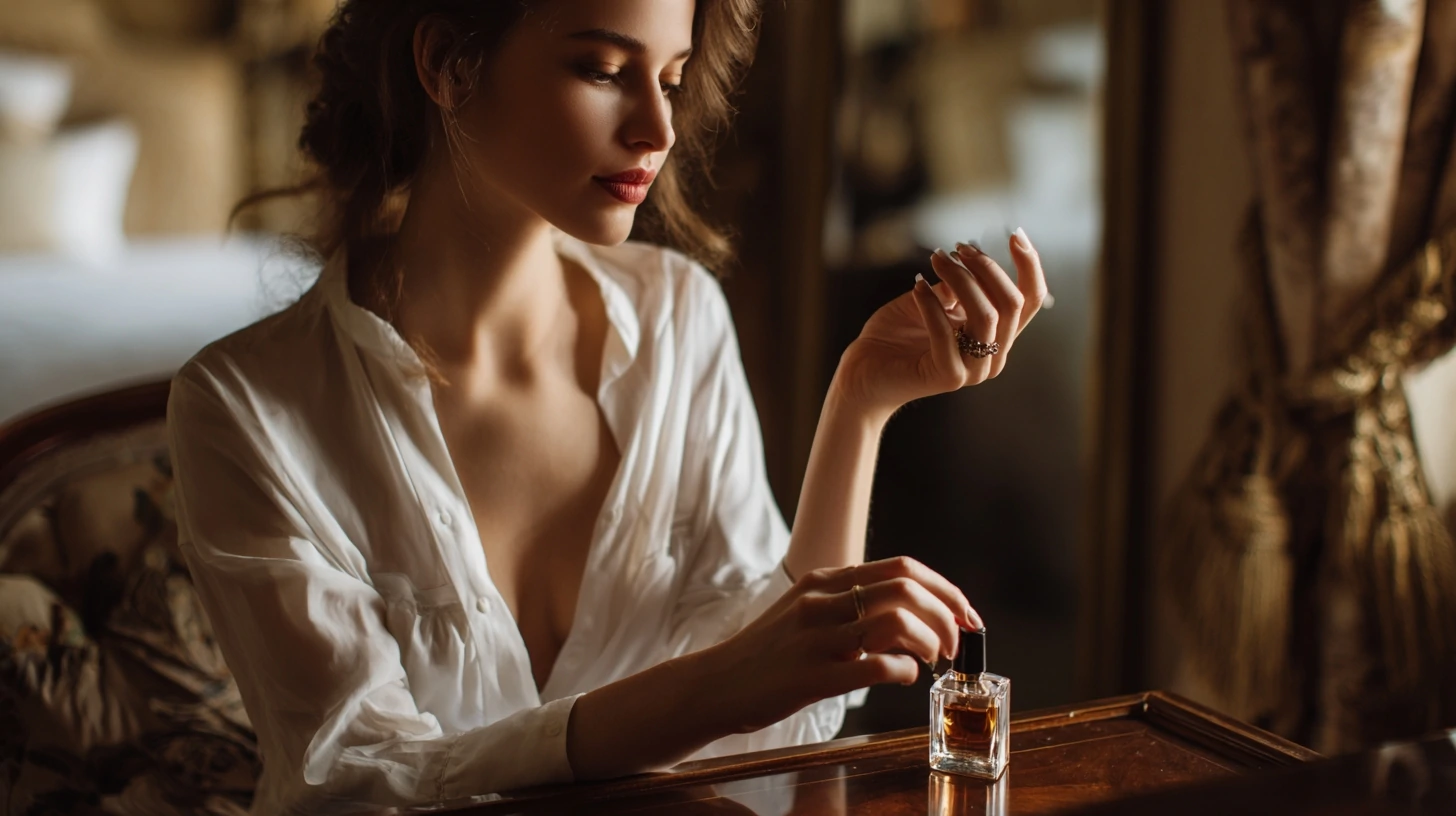 elegant woman at a refined vanity applying