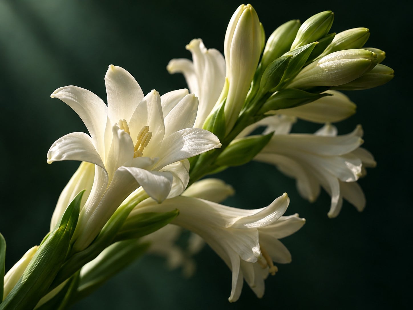 Ivory tuberose blossoms and green unopened buds
