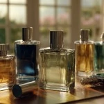 men's cologne bottles arranged casually on a