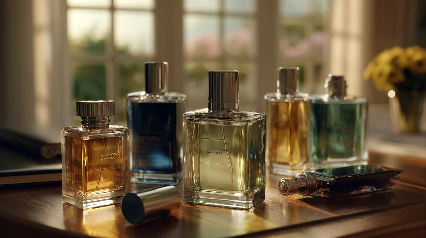 men's cologne bottles arranged casually on a table