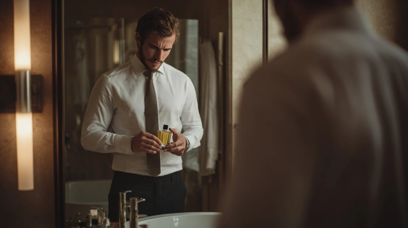 Well-dressed man applying cologne in front of a