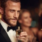 Well-dressed man holding a cologne bottle at an