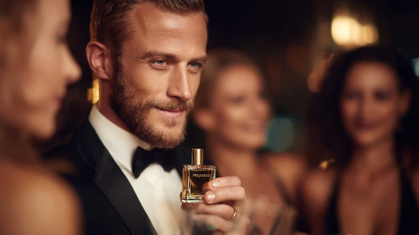 Well-dressed man holding a cologne bottle at an
