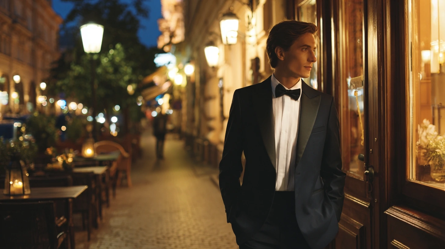 Well-dressed man leaving a restaurant at night in