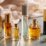 Small perfume oil bottles for women arranged on a