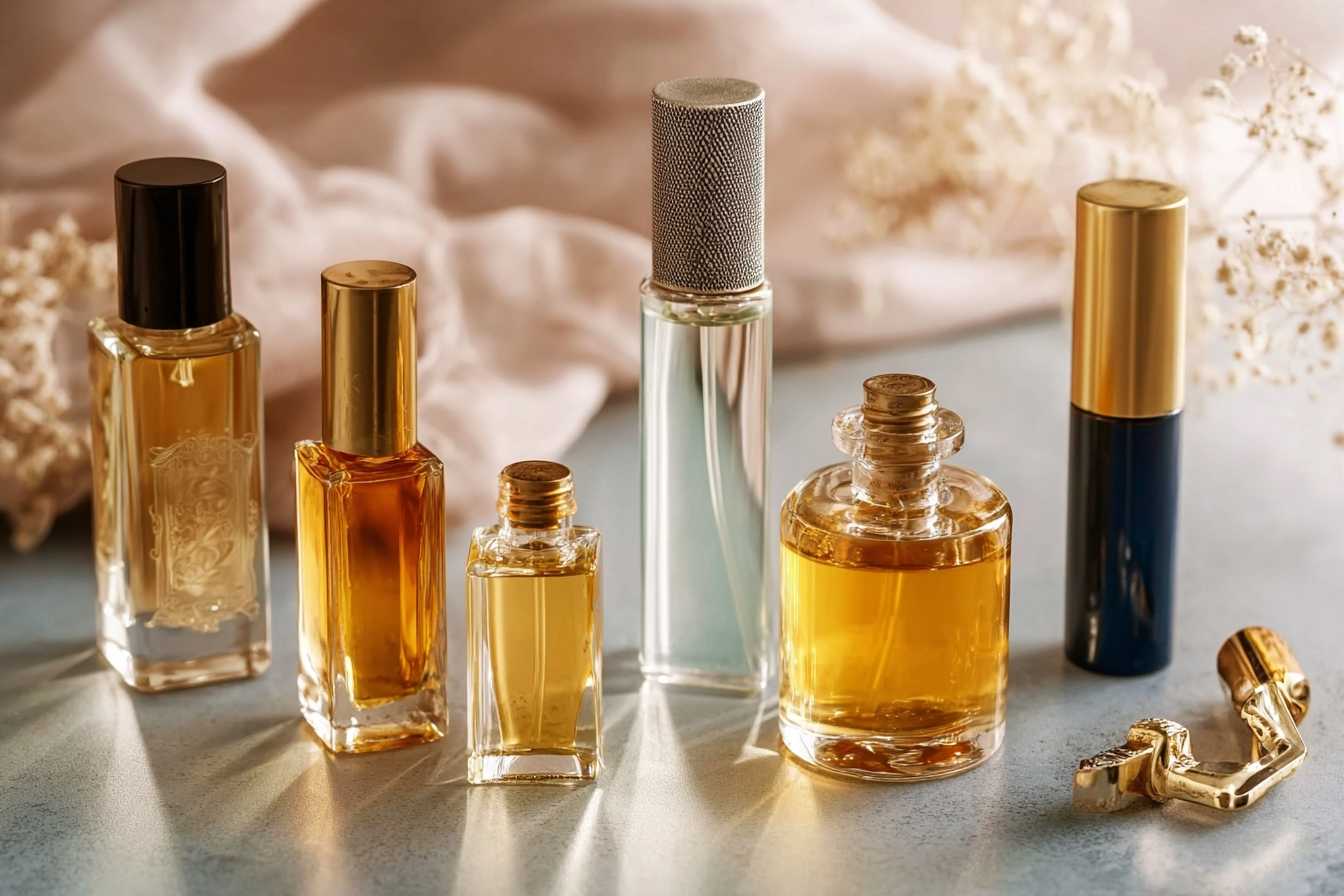 Small perfume oil bottles for women arranged on a