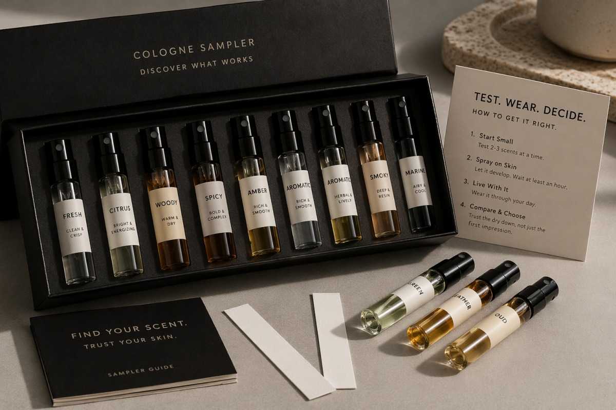 mens cologne samplers - nine in an open box and