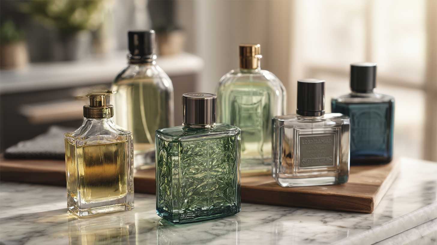 men's long lasting cologne bottles arranged casually on a marble