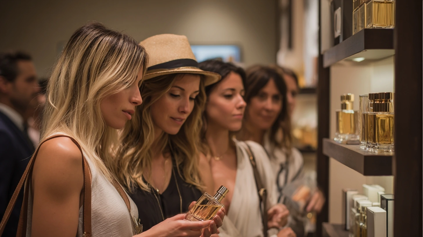 stylish women gathered around an elegant perfume