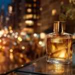 uxury perfume bottle on a sleek glass surface in