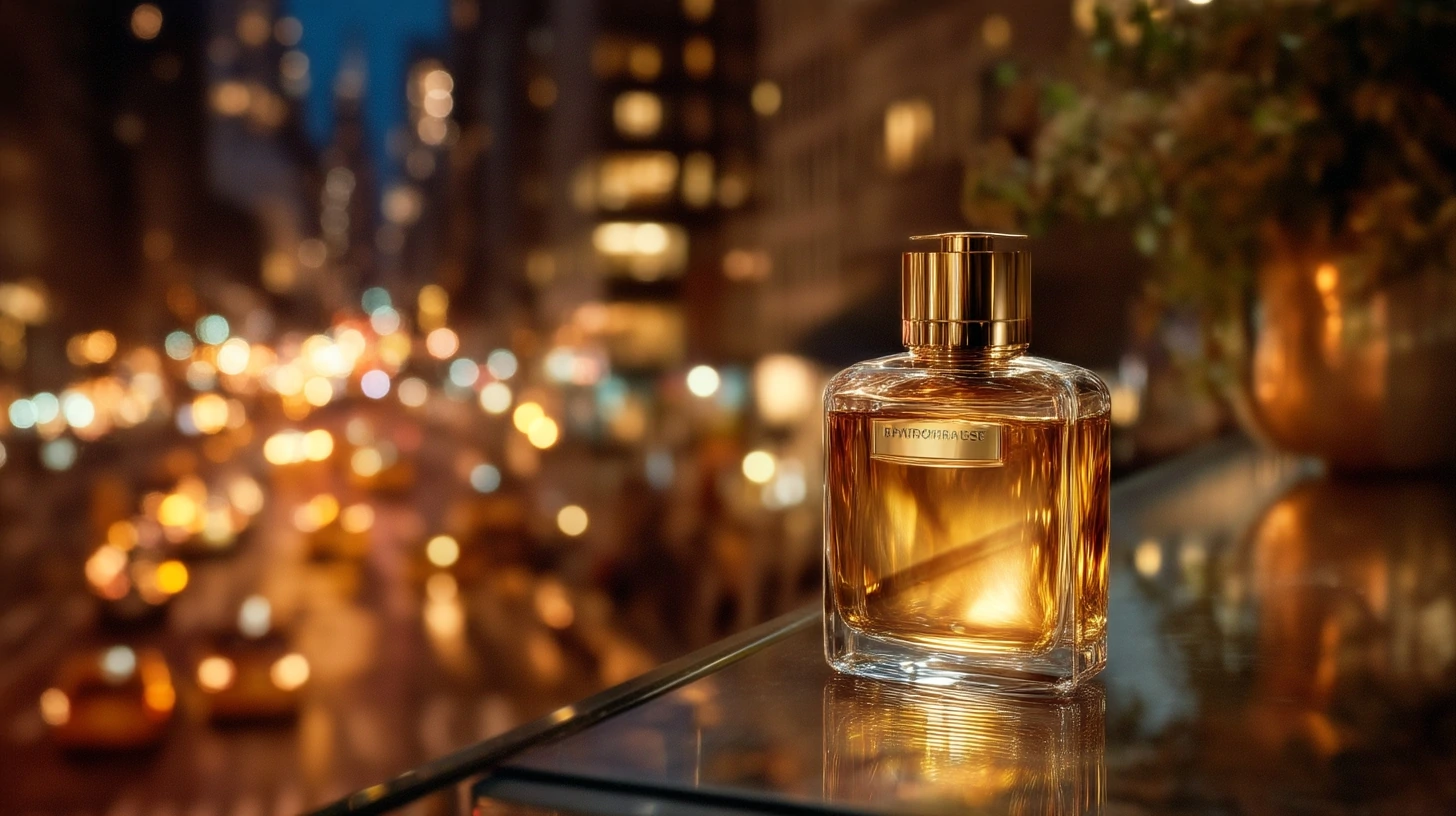 uxury perfume bottle on a sleek glass surface in