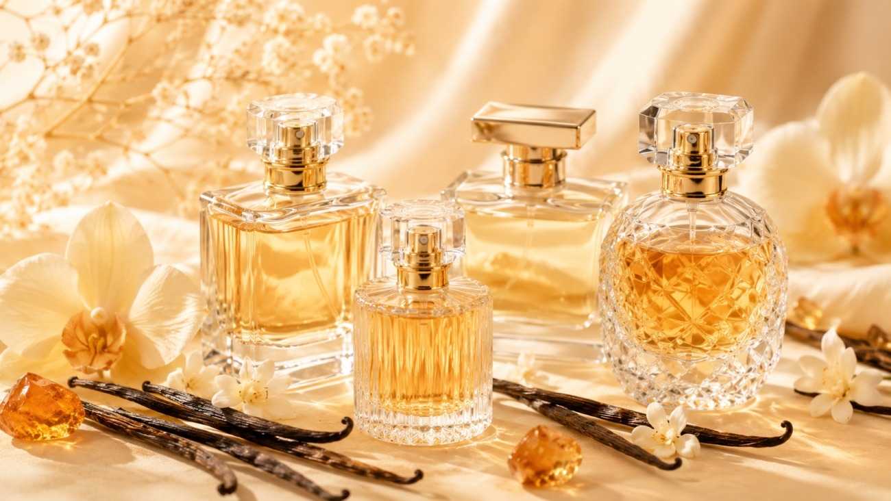 Elegant vanilla perfume bottles with vanilla bean