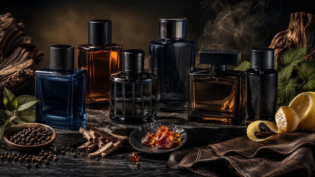 Luxury men’s cologne bottles with amber, woods,