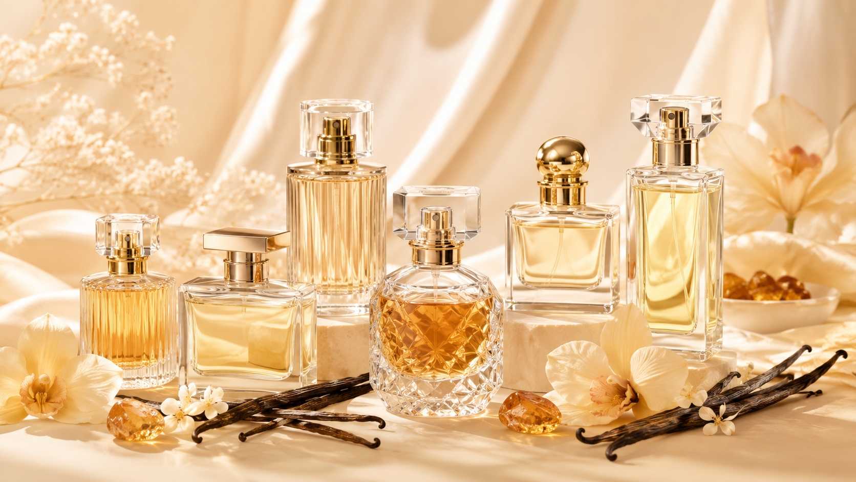 Luxury vanilla perfumes with vanilla pods, amber