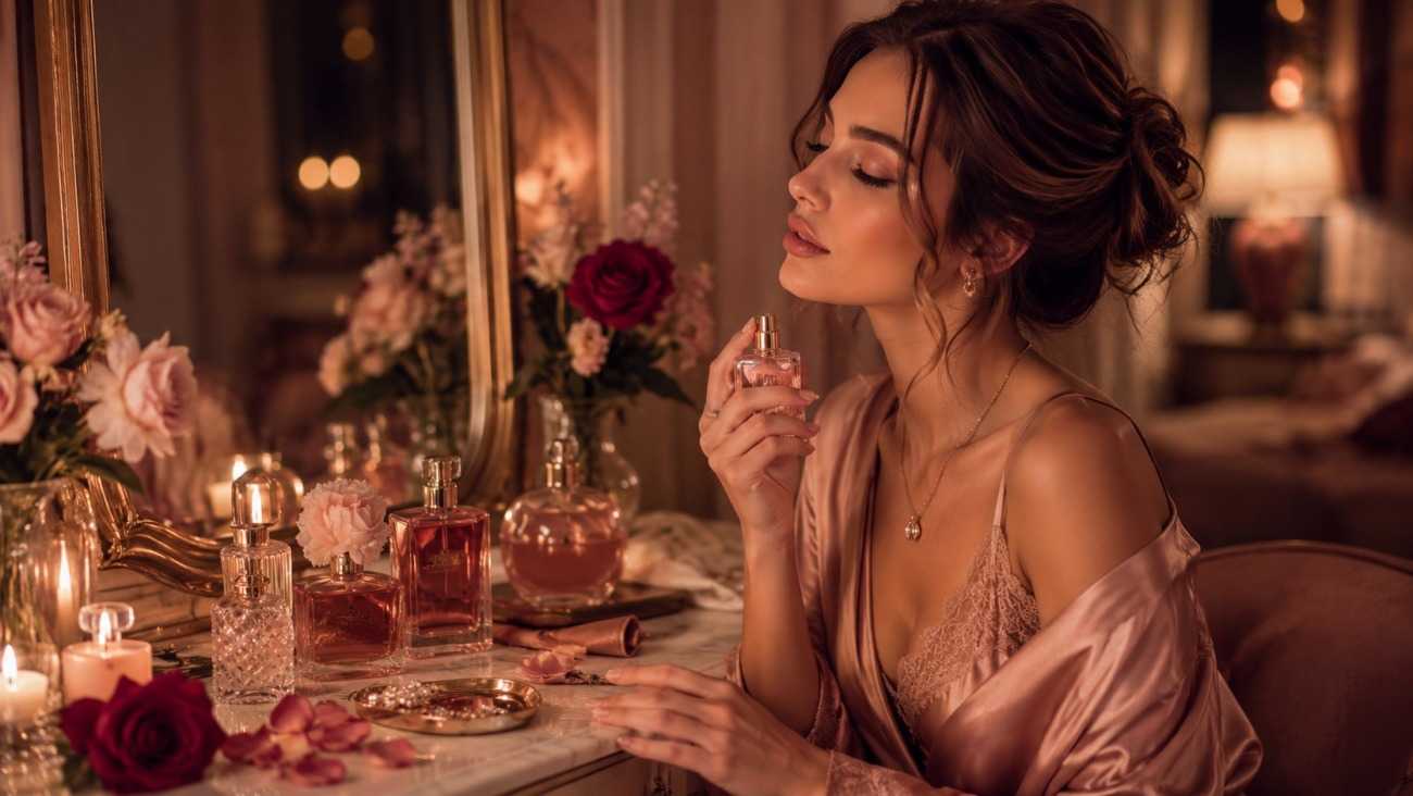 Elegant woman holding perfume at a candlelit