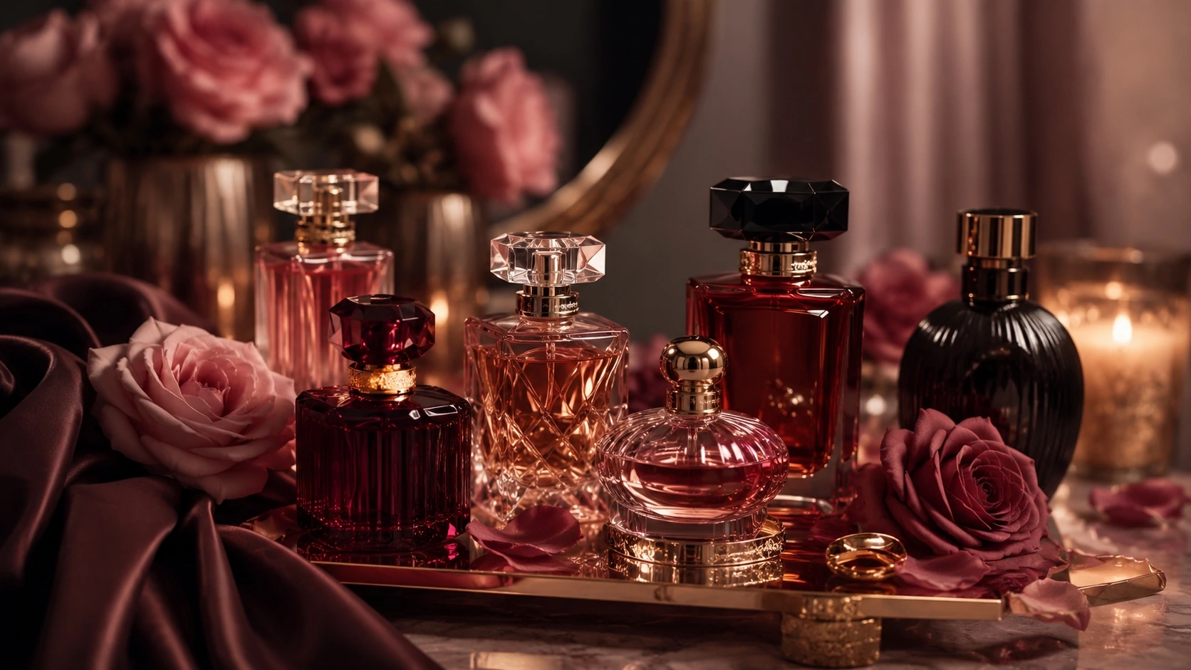Sexy perfumes for women displayed in deep rose,