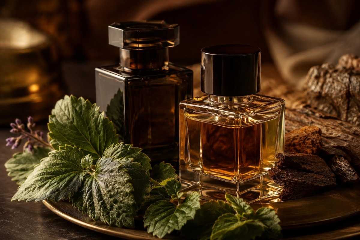 Dark amber patchouli perfume bottles with fresh