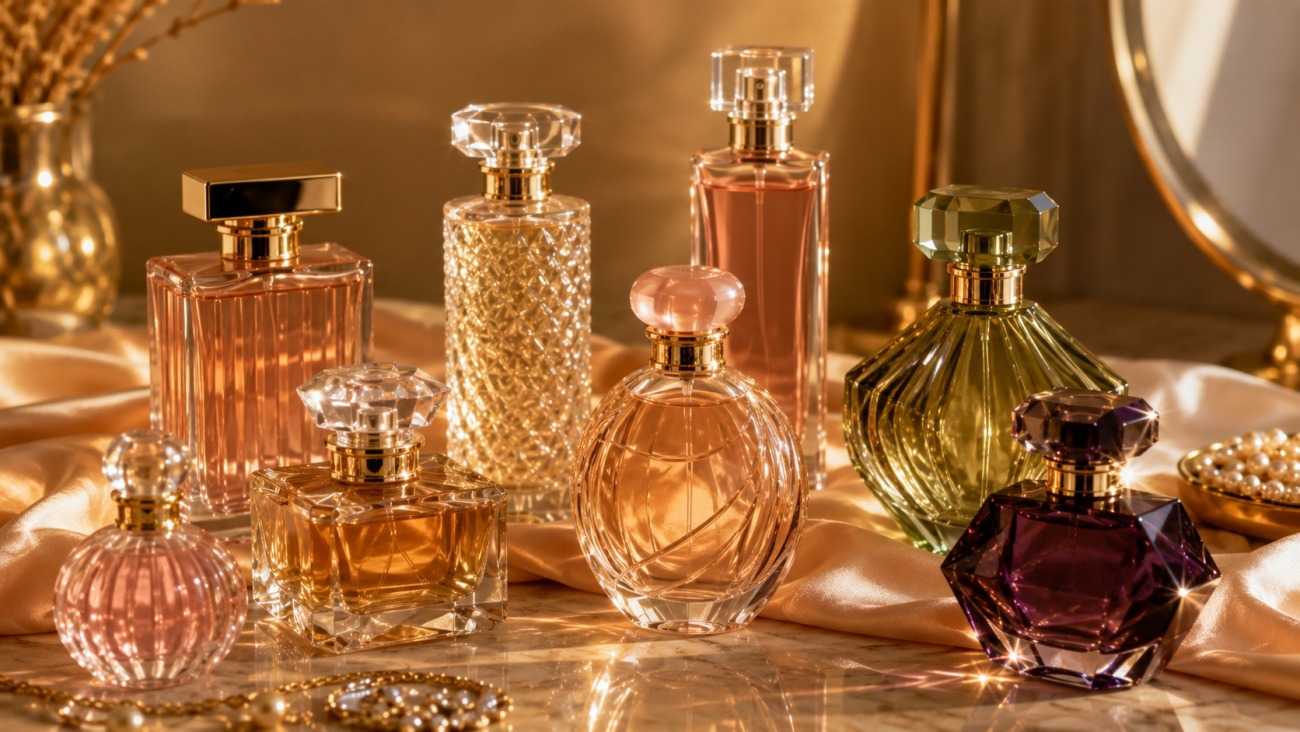 Designer perfume bottles arranged on a golden