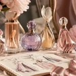 Designer perfume still life with pastel pink and