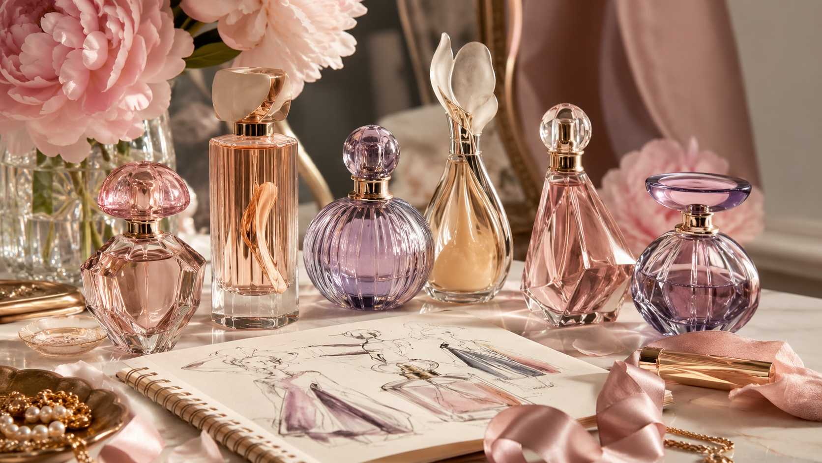 Designer perfume still life with pastel pink and