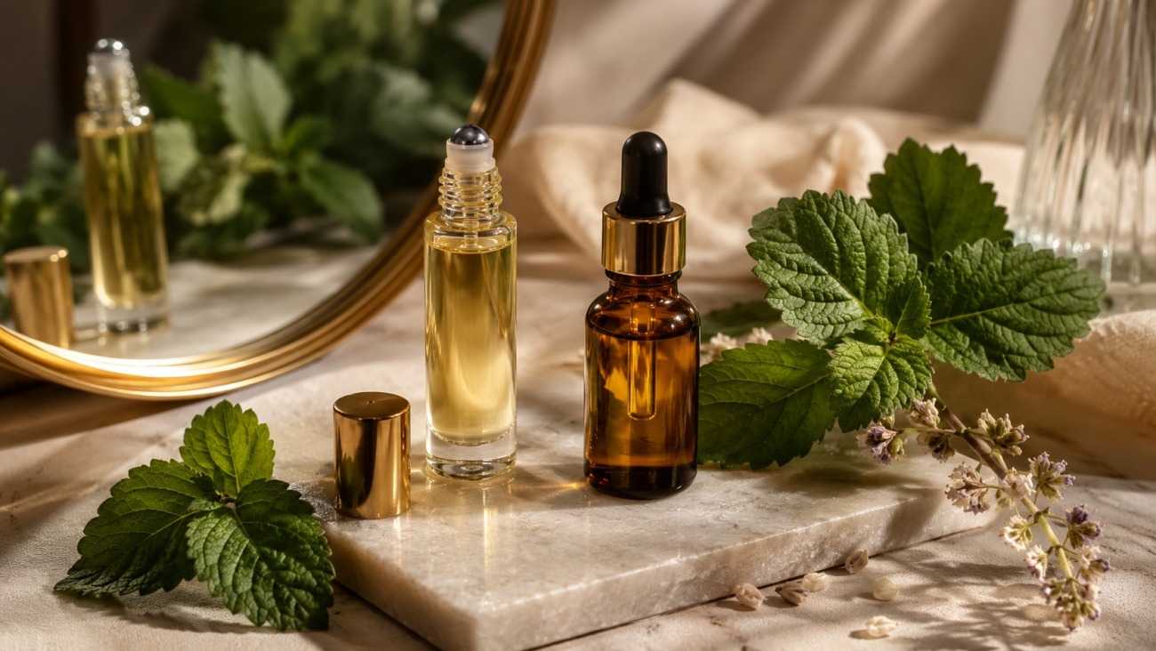 Elegant patchouli oil perfume bottle with soft