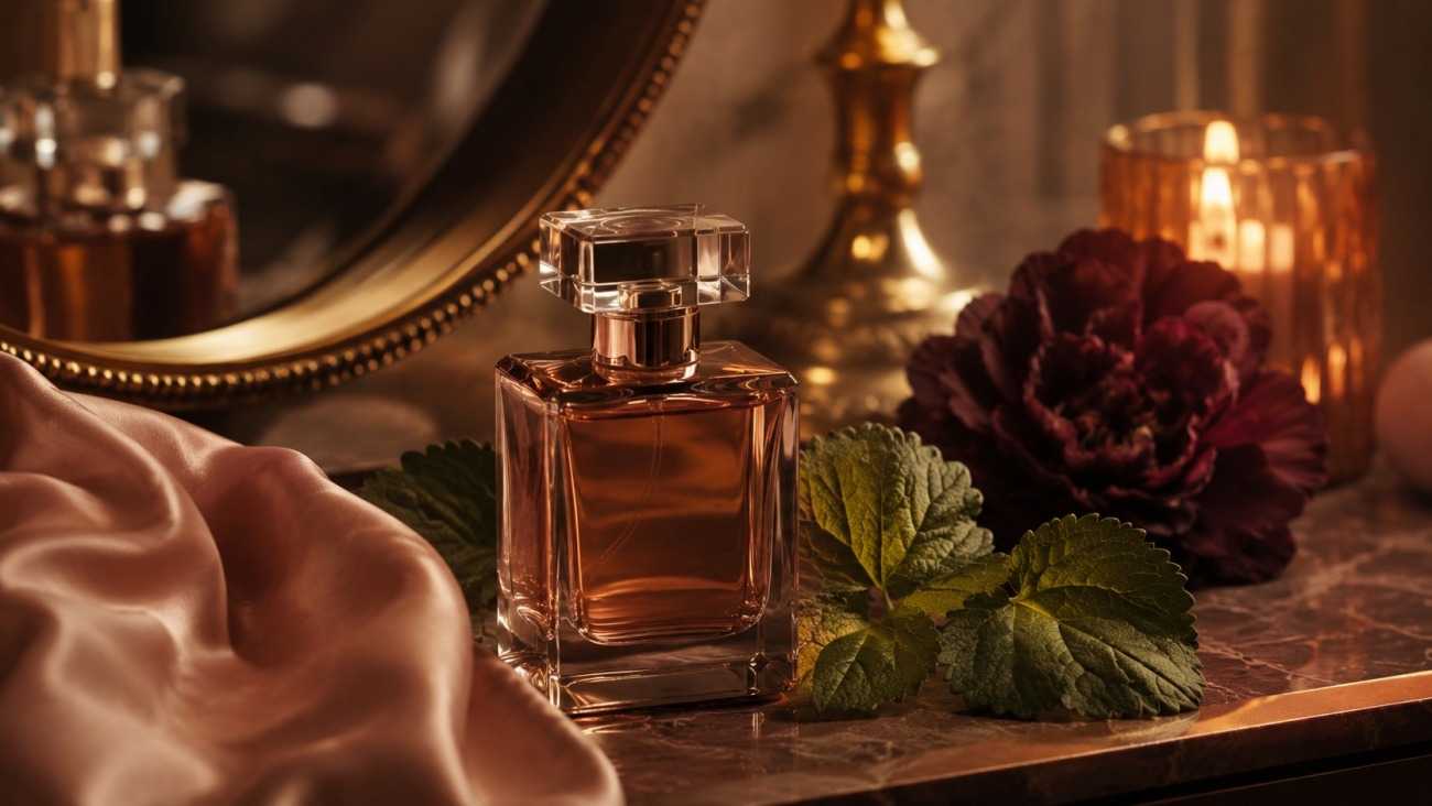 Elegant patchouli perfume for women on a marble