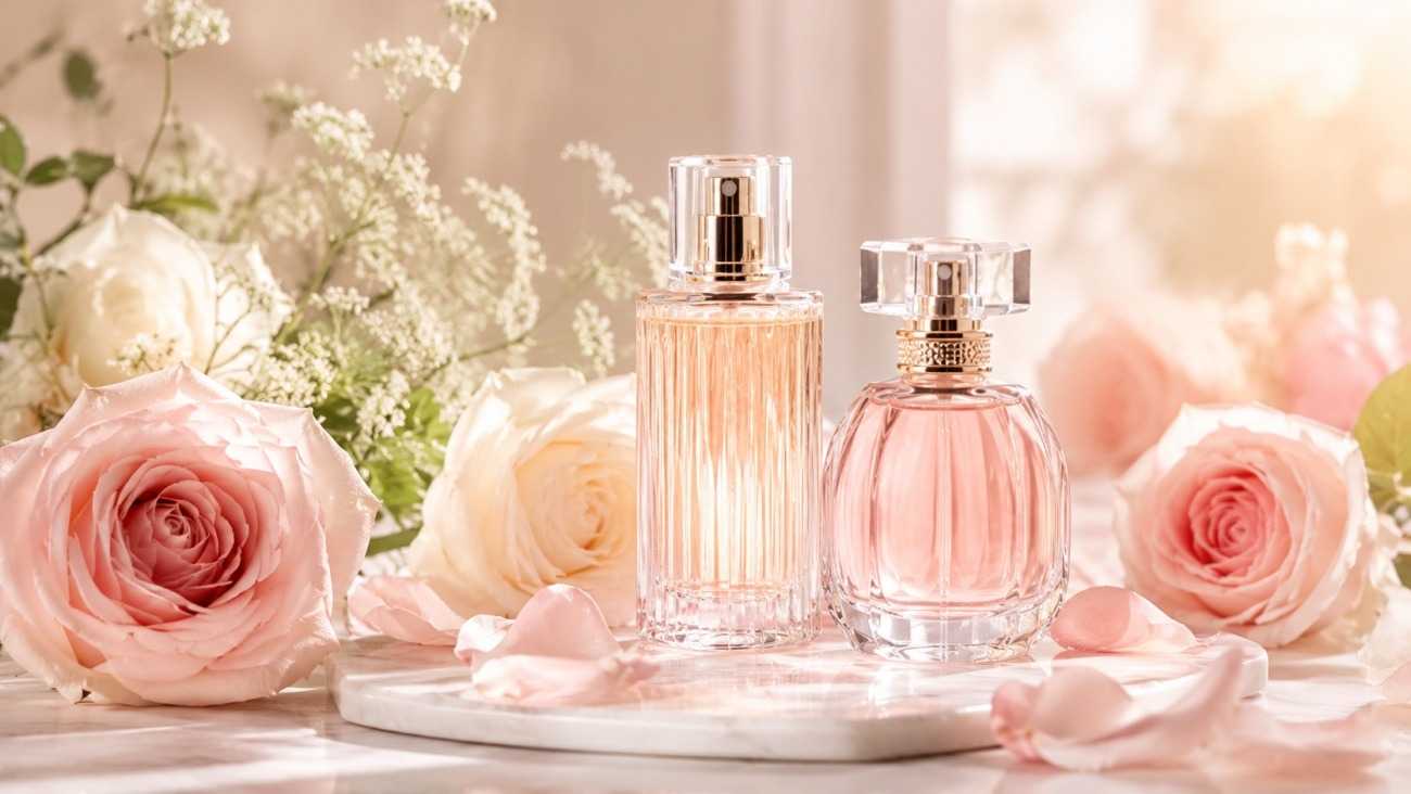 Elegant rose perfume bottles surrounded by fresh