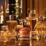 Glamorous perfume still life with city lights -